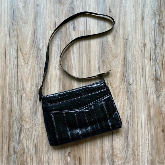 VINTAGE 70s/80s Black Eel Skin Crossbody Bag Retro Glam - Picture 1 of 9